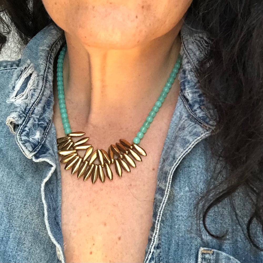 New Turquoise Gold Beaded Statement Necklace Flau… - image 2